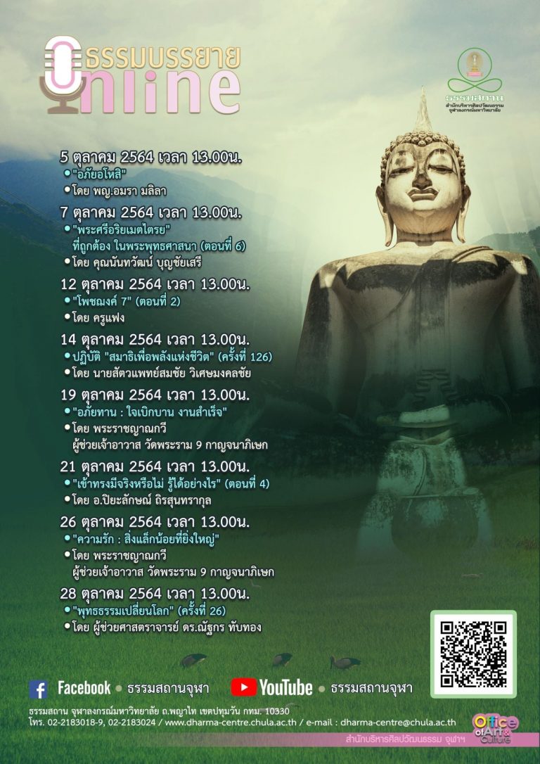 ธรรมบรรยายออนไลน์ โดย ธรรมสถานจุฬาฯ เดือนตุลาคม 2564