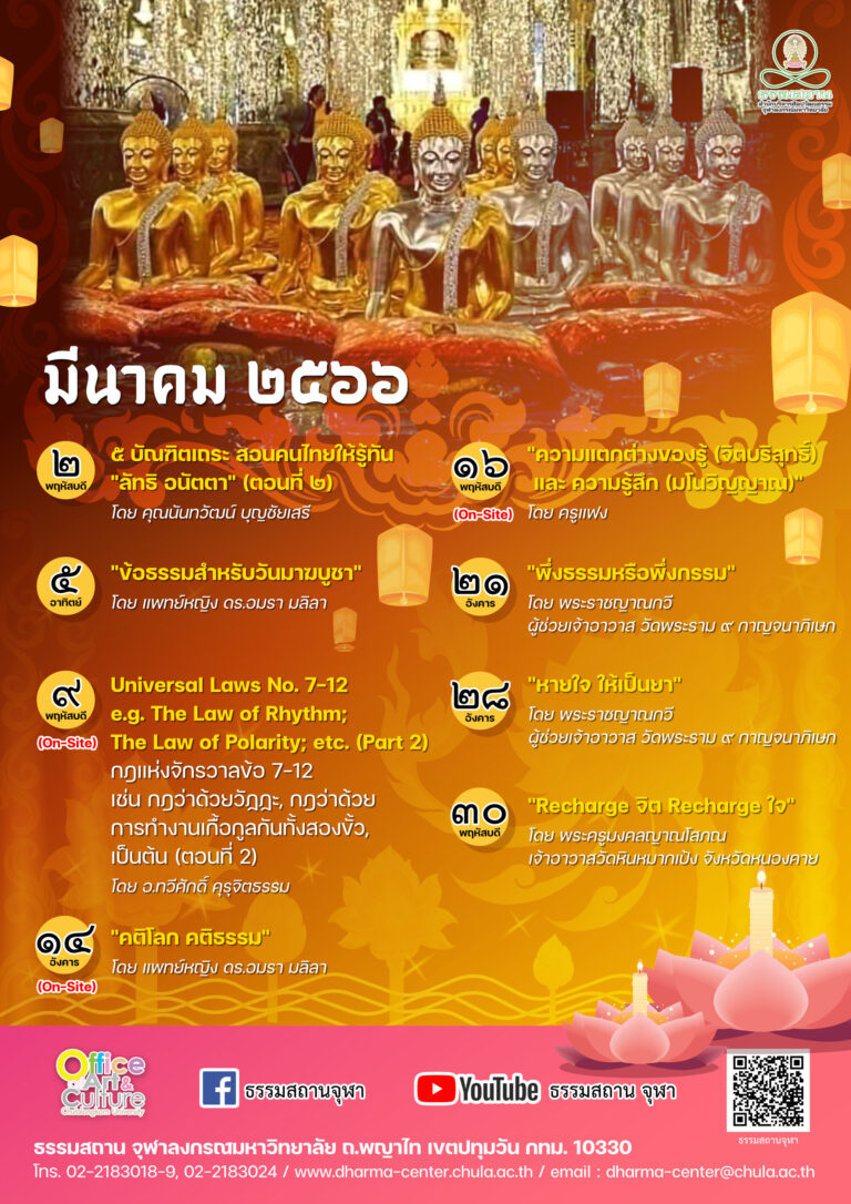 ธรรมบรรยายออนไลน์ โดย ธรรมสถานจุฬาฯ เดือนมีนาคม 2566