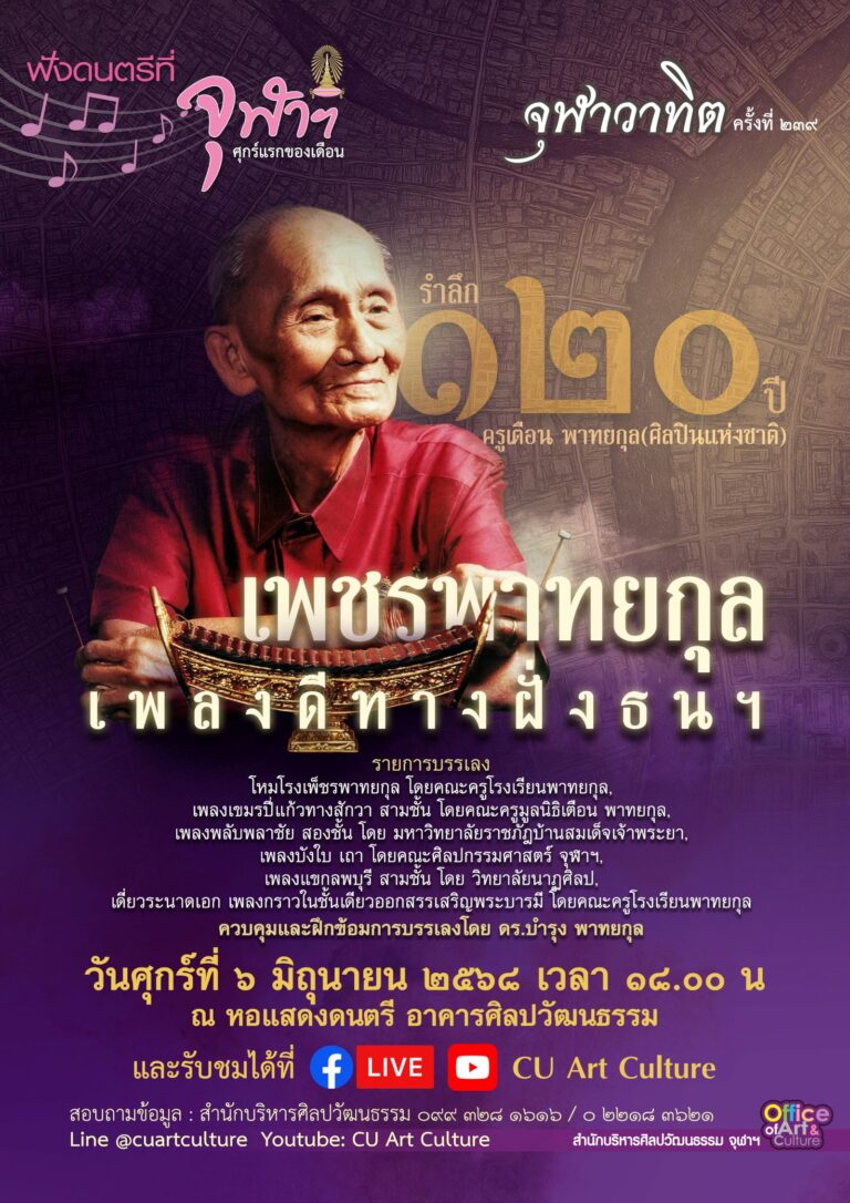 ฟังดนตรีที่จุฬาฯ รายการจุฬาวาทิตครั้งที่ 239 รำลึก 120 ปี ครูเตือน พาทยกุล (ศิลปินแห่งชาติ) “เพชรพาทยกุล เพลงดีทางฝั่งธนฯ”